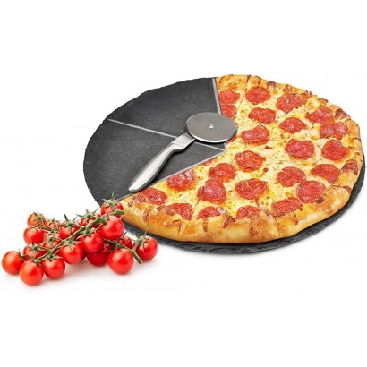 CLYZ Pizzateller Set ø36cm Schiefer mit Pizzaschneider Pizzaschneidebrett Pizzabrett - BDQCP81K