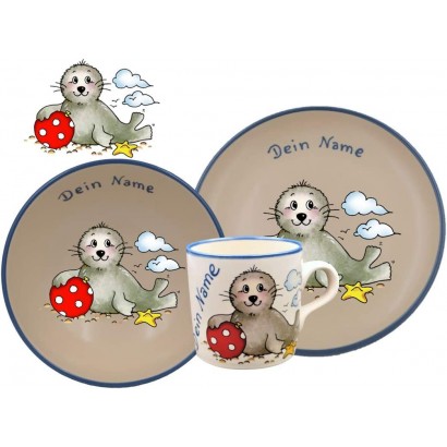 Geschirr mit Namen Seehund Ball Robbe 3-tlg. Geschirr-Set Kindergeschirr Carstens Keramik - BUHIV87J