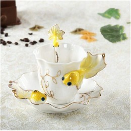 Cappuccino Tassen Set,Kaffeetassen Mode Hand Crafted Emaille Goldfisch-Kaffeetasse mit Untertasse und Löffel Set Porzellan Teetasse Color : Yellow - BFSWHN7B