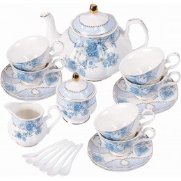 fanquare Blau Blumen Porzellan Tee Set Teetasse und Untertasse Set Tee Service für 6 Personen Hochzeit Teekanne Zucker Schüssel Creme Krug China Kaffee Set - BMUMA52J