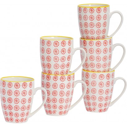 Kaffeebecher Teetassen gemustert 360 ml 12,7 oz. Rot-gelbes Wirbel-Design 6 Stück - BCKAP8D2