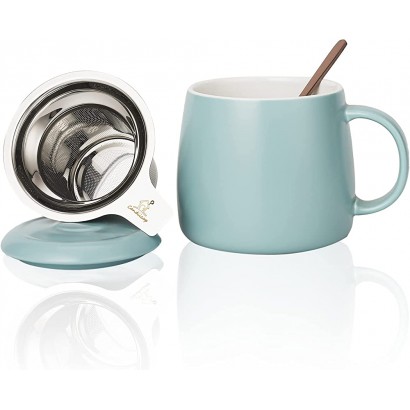 Keramik Teetasse mit Sieb Deckel und Löffel 450ml Candiicap Groß Teebecher für Tee Kaffee Milch-Mikrowellen- und Spülmaschinenfest 450ml,Matt Blau - BATPI8WK