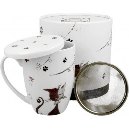 Teetasse Katze "Charming Cats" 1 Tasse 1 Teesieb und Deckel Porzellan 340ml mit Geschenkkarton - BRVFKH79
