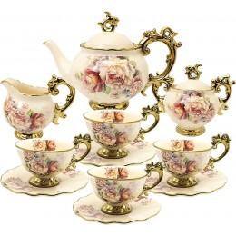 fanquare 15 Stück Rose Blumen Englische Keramik Tee Sets Vintage China Kaffee Set Tee Service für Erwachsene - BHDVQ36B
