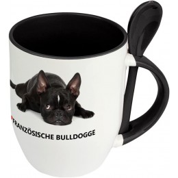 Hundetasse Französische Bulldogge Löffel-Tasse mit Hundebild Französische Bulldogge Becher Kaffeetasse Kaffeebecher Mug Schwarz - BXVNR9K5