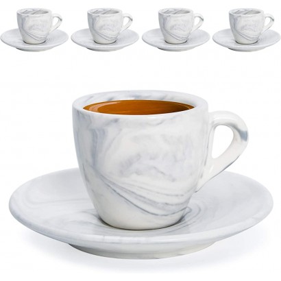 Hausmann & Söhne Espresso Tassen dickwandig | Set 8-TLG | 4er Set Pastell graue Marmor Tassen mit Untertassen | Porzellan | Tasse 80ml | Espresso Tassen Set mit Untersetzer | Geschenkidee - BHYRQEMJ