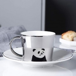 Cappuccino Tasse und Untertasse Set，Spiegelreflexions-Kaffeetasse Mug- Porzellan für Tee Kaffee Cappuccino Panda-Silber 230ML - BDWKY7JB