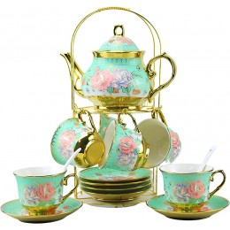 20-teiliges Porzellan-Teeservice mit Metallhalter europäisches Keramik-Kaffeeset türkisches Tee-Set für Frauen mit Blumenmalerei 765 ml Topf 193 ml Tasse grün - BCTODN2Q