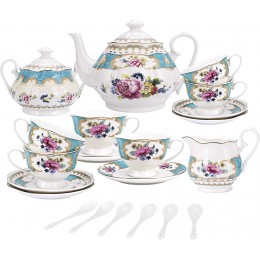 fanquare 15 Stück Englisch Türkis Porzellan Tee Sets,Vintage Rose Blumen Keramik Kaffee Set,Hochzeit Tee Service für Erwachsene - BOLYKVH2