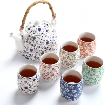 fanquare Blume Porzellan Tee Set mit Teekanne Vintage Chinesisch Keramik Teeservice mit Rattan Griff - BCNYJ451