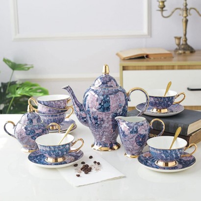 Teeservice Englisch Vintage Porzellan Kaffeeservice Teekanne Tassen Europäischen Stil Tee Service Hochzeit Teekanne Zucker Schüssel Creme Krug,Blue - BXQXYV98