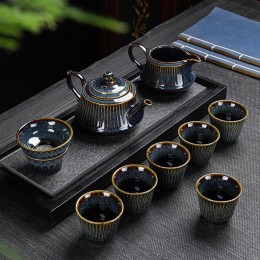 Vintage Keramik Teeservice mit Tablett chinesisches Kung-Fu Teeservice mit 6 Tassen und einer Teekanne Porzellan Teeservice blau - BMJGFKA1