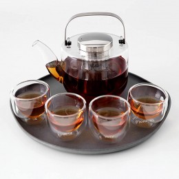 Viva Scandinavia Björn ﻿Teeset aus Glas 6-teiliges Set Teekanne mit Teesieb und Henkel 650ml 4 doppelwandige Gläser 50ml Tablett - BWDHW7QB