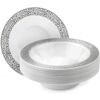 MATANA 20 Weiße Plastikschalen mit Silbernem Rand Suppenteller für Hochzeiten & Partys 360ml Mehrweg & Stabil - BFEJCKJ9