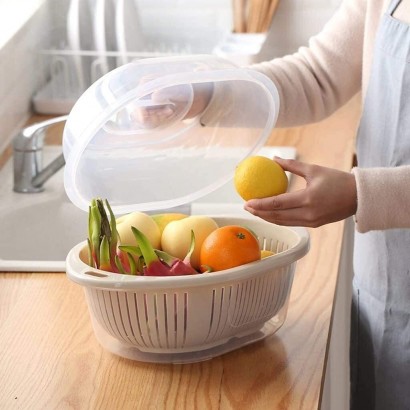 Moolo Obstschale Kunststoff-Obstkorb mit Deckel Waschablauf Wasser Double Layer Gemüsekorb Obstteller Ineinander greifen Obstteller - BQZIEHMH