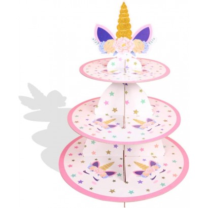 Cupcake Ständer Tortenständer mit 3 Etagen Einhorn Geburtstagsdeko Einhorn Muffinständer aus Karton für Rose Kindergeburtstag Einhorn Party - B08GKFLMN3I