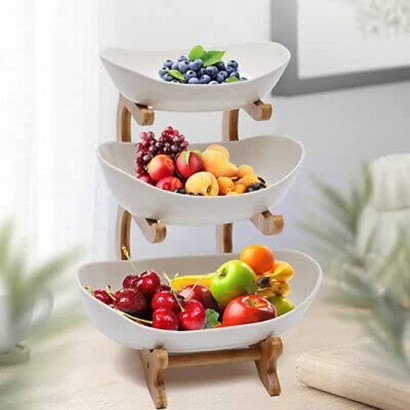 Obst Etagere Keramik Porzellan Obstteller Gemüse Bambusholz Ständer Serviertablett 3 Stöckig Weiß - B0B11B2PXYJ
