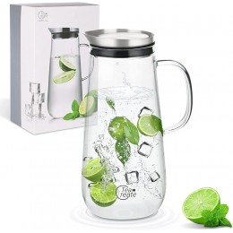 Tea Create Wasserkrug 1250mL | Glaskaraffe mit Deckel aus Edelstahl | Wasserkaraffe aus hochwertigem Borosilikatglas | Karaffe Glas für kalte & heiße Getränke Wasser Eistee Saft - B09YRM1RBXB